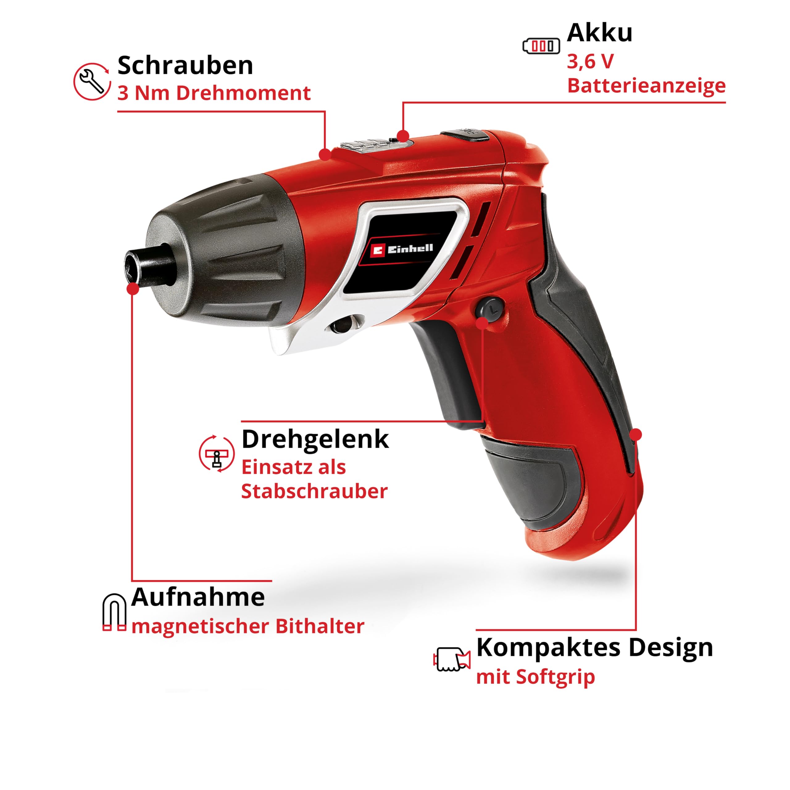 Werkbohr Akkuschrauber TC-SD 3,6 Li (3,6V, 1300 mAh, 3 Nm Drehmoment, Drehgelenk im Handgriff, LED-Licht, Softgriff, Ladekontrollleuchte, inkl. 6 Bits)