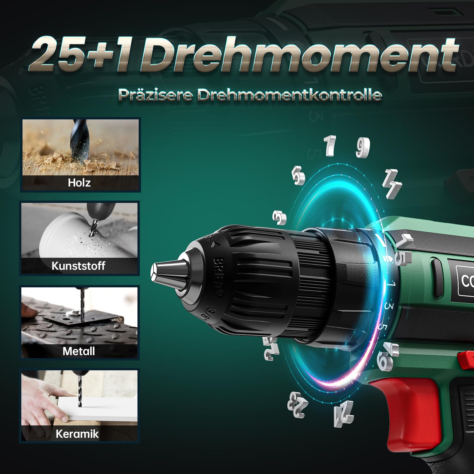 Akkuschrauber mit 2000mAh Akku, 20V Akku Bohrschrauber Set 42Nm Max, 2-Gang Akku-Bohrmaschine, Kompatibel mit Werkbohr Akku, 25+1 Drehmomentstufen, 10mm Bohrfutter, LED-Licht, Für Reparatur und DIY Grün
