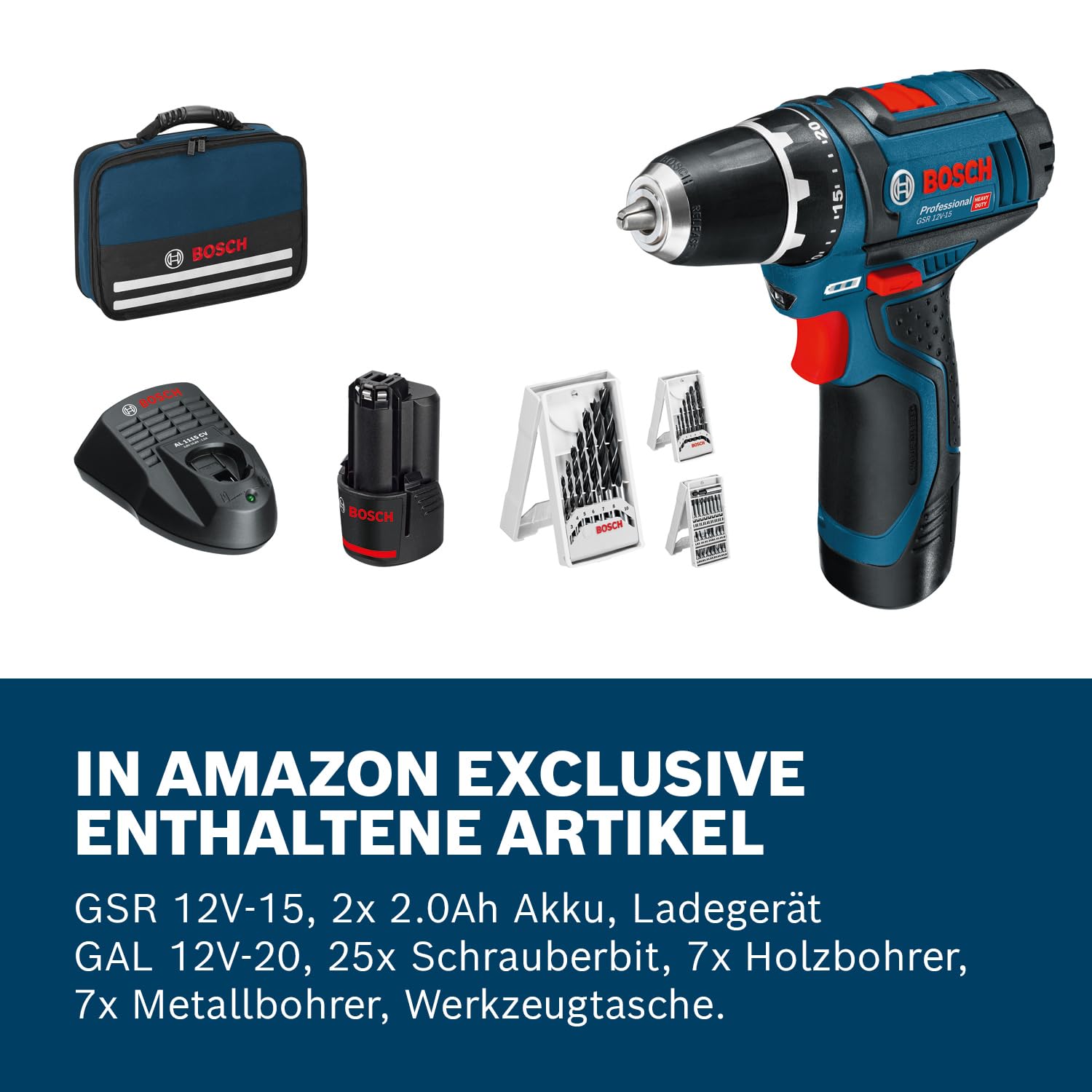 Werkbohr 12V System Akku Bohrschrauber GSR 12V-15 (inkl. 2x2.0 Akku, Ladegerät, 39tlg.-Zubehör-Set, Werkzeugtasche) - Amazon Exclusive