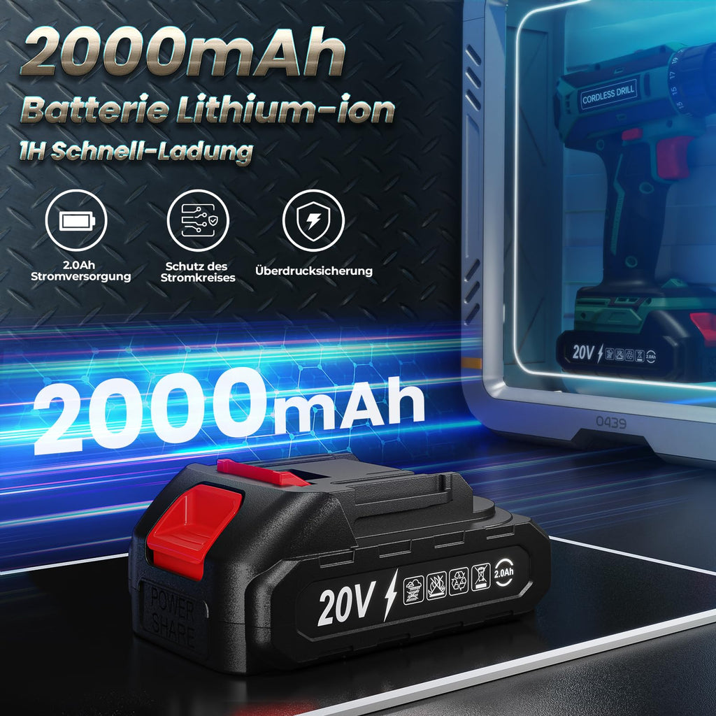 Werkbohr Akkuschrauber mit 2000mAh Akku, 20V Akku Bohrschrauber Set 42Nm Max