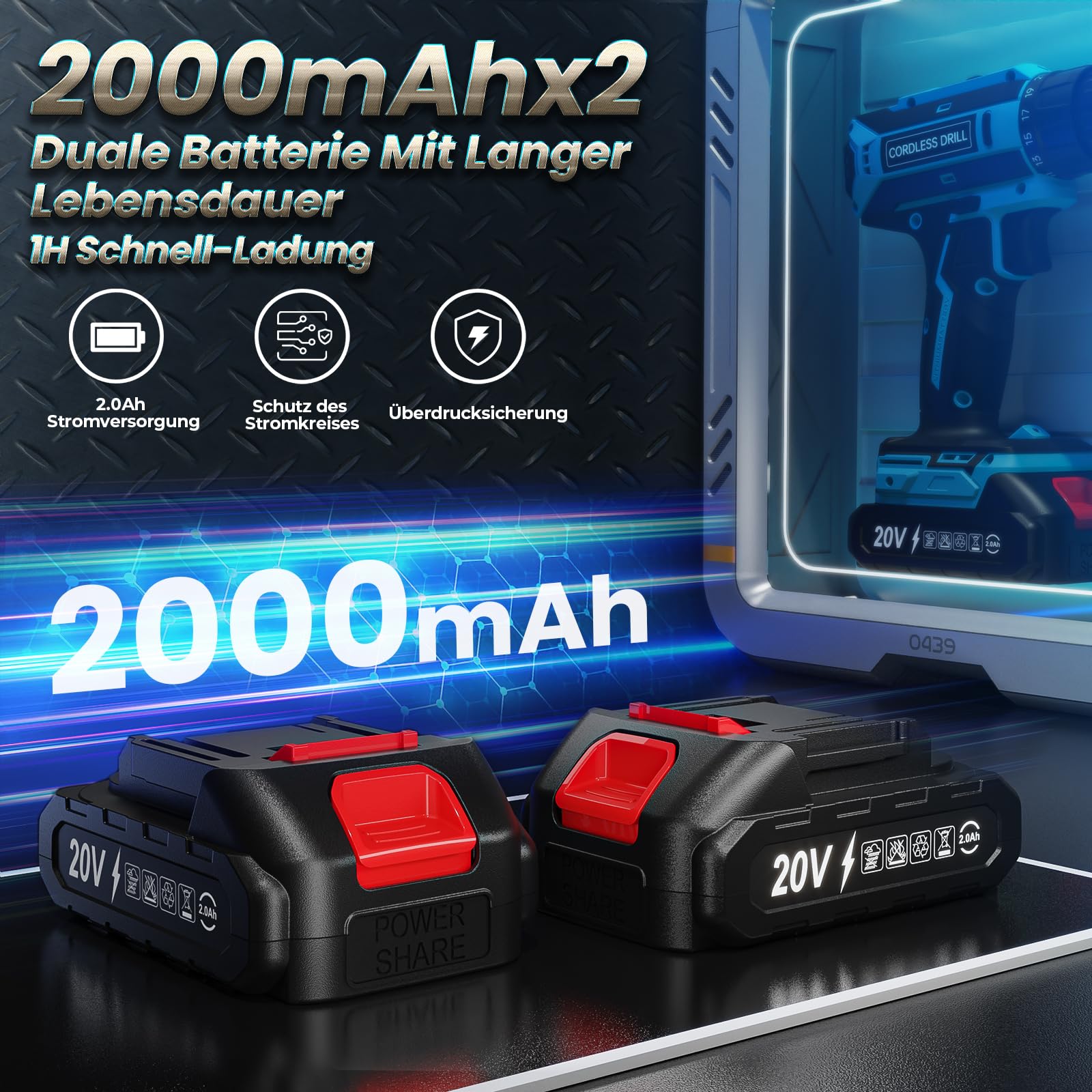 Werkbohr Akkuschrauber mit 2x 2000mAh Akkus, 20V Akku Bohrschrauber Set