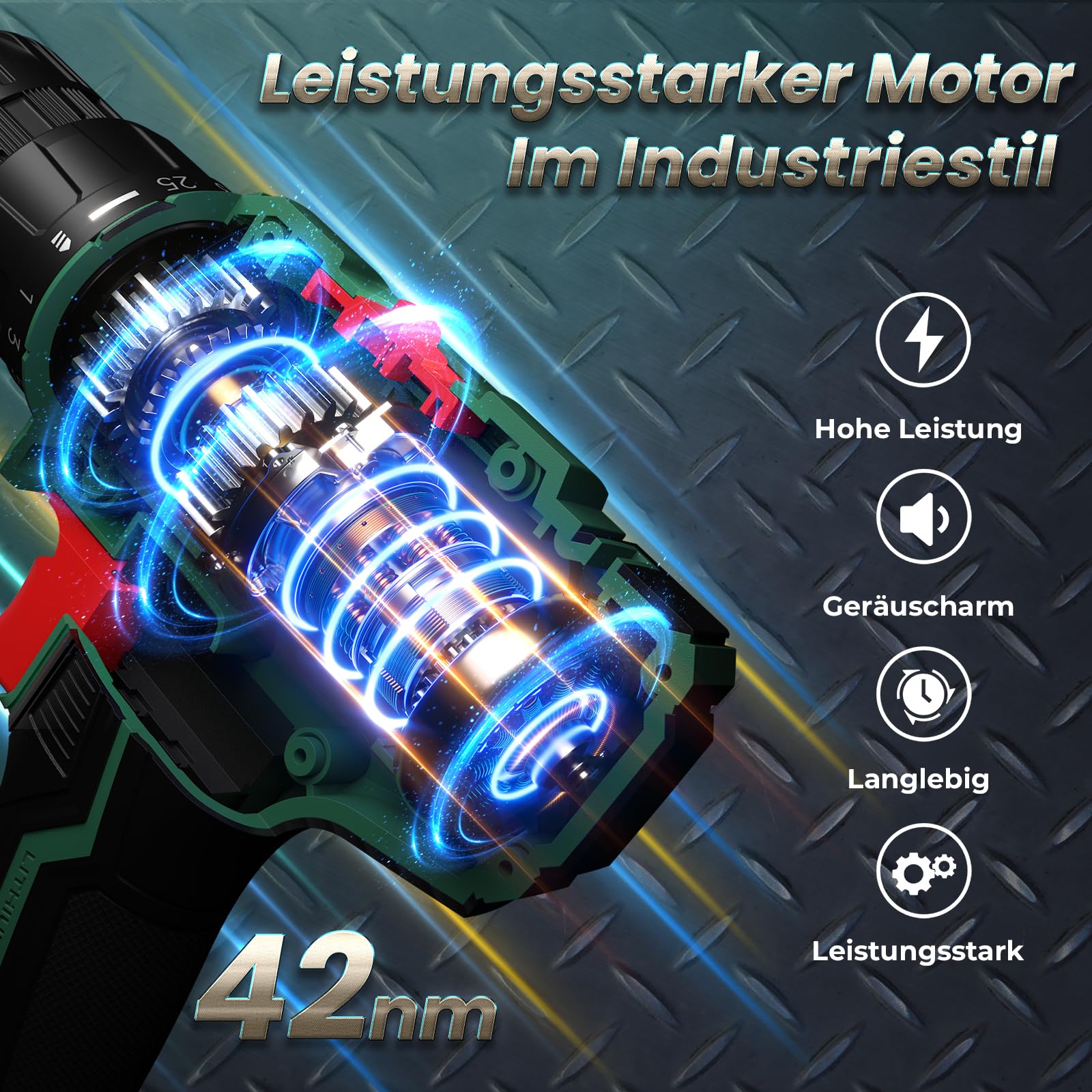 Akkuschrauber mit 2000mAh Akku, 20V Akku Bohrschrauber Set 42Nm Max, 2-Gang Akku-Bohrmaschine, Kompatibel mit Werkbohr Akku, 25+1 Drehmomentstufen, 10mm Bohrfutter, LED-Licht, Für Reparatur und DIY Grün