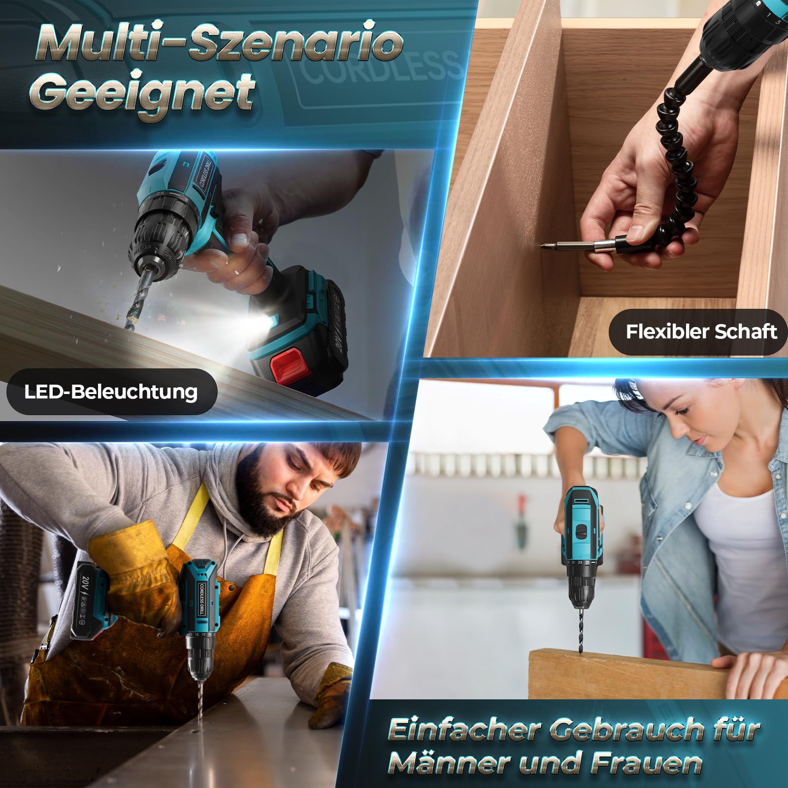 Akkuschrauber mit 2x 2000mAh Akkus, 20V Akku Bohrschrauber Set 42Nm Max, 2-Gang Akku-Bohrmaschine, Kompatibel mit Werkbohr Akku, 25+1 Drehmomentstufen, 10mm Bohrfutter, LED-Licht, Für Reparatur und DIY