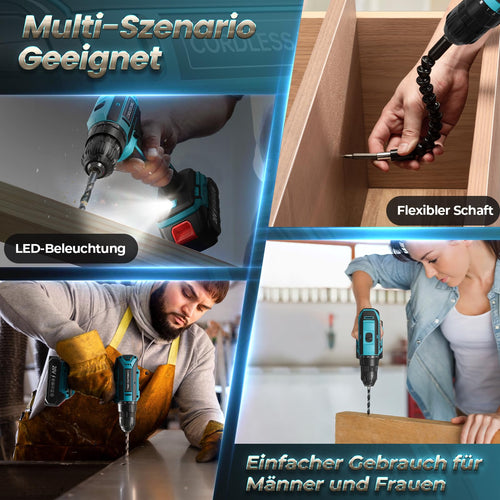 Akkuschrauber mit 2x 2000mAh Akkus, 20V Akku Bohrschrauber Set 42Nm Max, 2-Gang Akku-Bohrmaschine, Kompatibel mit Werkbohr Akku, 25+1 Drehmomentstufen, 10mm Bohrfutter, LED-Licht, Für Reparatur und DIY